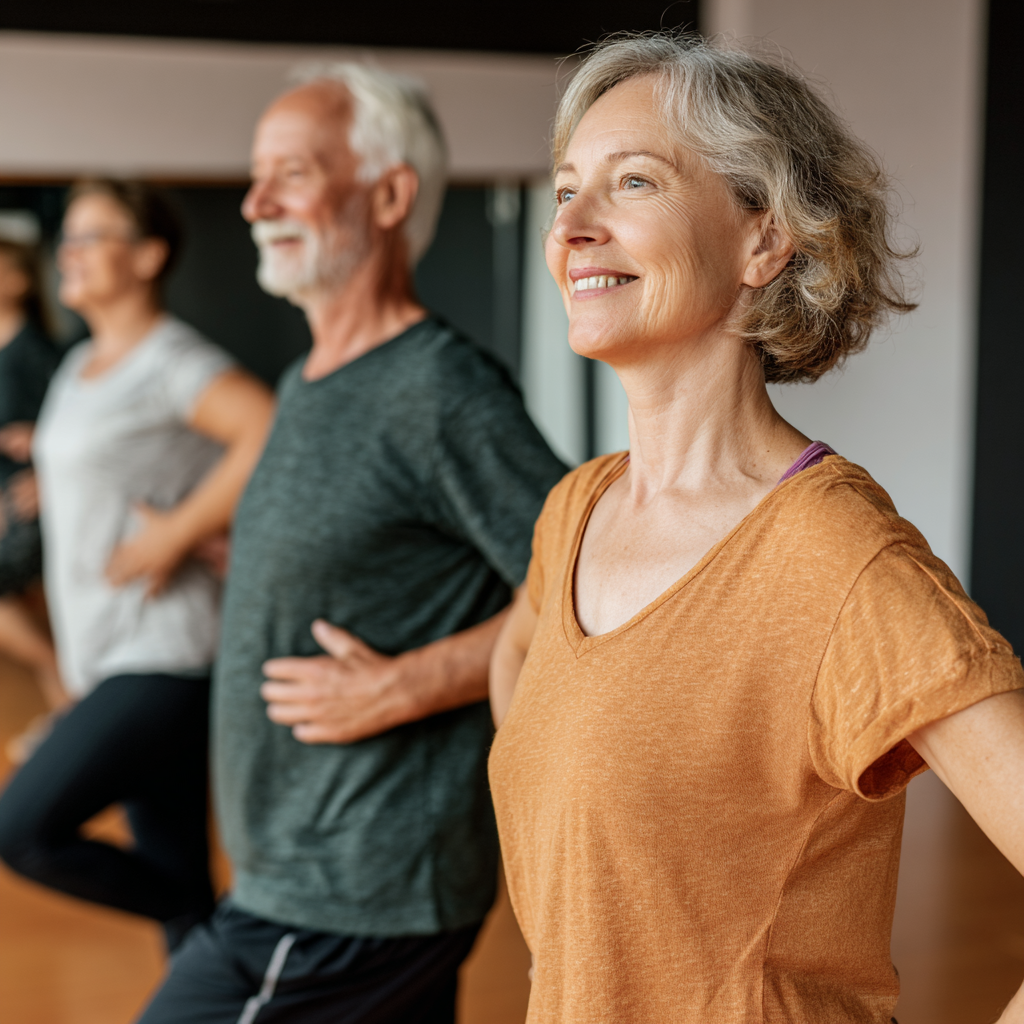 Middle-aged adults engaging in gentle mobility exercises in a calm studio environment