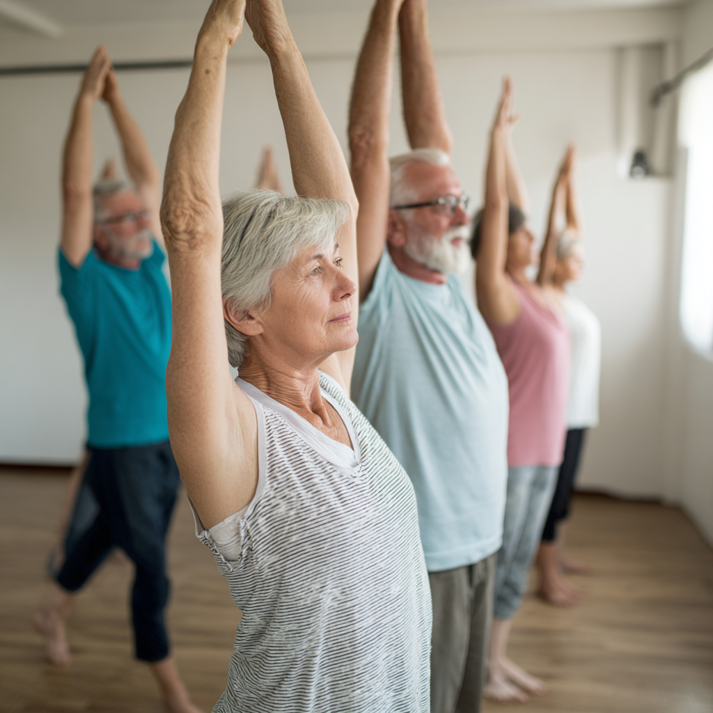 Older adults practicing stability and flexibility exercises in a supportive group setting